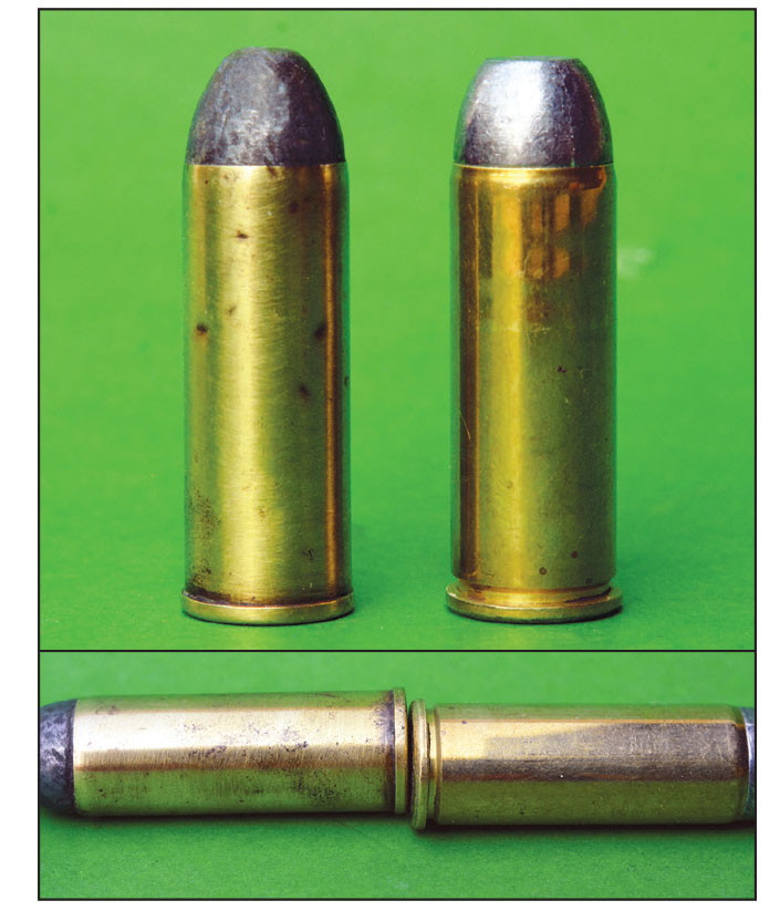 The small rim on pre-World War II 45 Colt cases (left) with balloon heads would have made it very difficult to chamber that cartridge in leveraction rifles. Note the larger more robust rim with an extractor groove of the post-World War II case (right).